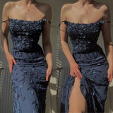 Classy Mermaid Spaghetti Straps Navy Blue Flowers Long Prom Dresses Formal Gown Summer Wedding Guest Dress Wedding Outfits For Guest HZ1214