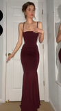 Classy Mermaid Spaghetti Straps Burgundy Long Prom Dresses Formal Gown Summer Wedding Guest Dress Wedding Outfits For Guest HZ1214