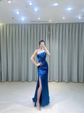 Modest Sheath One Shoulder Satin Long Prom Gown Summer Wedding Guest Dress Bridal Guest Dresses Wedding Outfits For Guest HZ1214