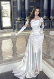 Classy Mermaid Off The Shoulder White Slit Long Prom Gown Summer Wedding Guest Dress Bridal Guest Dresses Wedding Outfits For Guest HZ1214