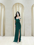 Classy Mermaid Off The Shoulder Dark Green Sequin Slit Long Prom Gown Summer Wedding Guest Dress Bridal Guest Dresses Wedding Outfits For Guest HZ1214
