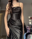 Classy Sheath Spaghetti Straps Black Satin Long Prom Gown Summer Wedding Guest Dress Bridal Guest Dresses Wedding Outfits For Guest HZ1214