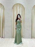 Classy Mermaid Off The Shoulder Sage Green Slit Ruffles Long Prom Gown Summer Wedding Guest Dress Bridal Guest Dresses Wedding Outfits For Guest HZ1214