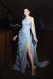 Classy Sheath Strapless Light Sky Blue Slit Ruffles Long Prom Gown Summer Wedding Guest Dress Bridal Guest Dresses Wedding Outfits For Guest HZ1214