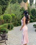 Classy Sheath Square Neck Ruffles Satin Backless Prom Gown Summer Wedding Guest Dress Bridal Guest Dresses Wedding Outfits For Guest HZ1214