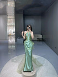 Classy Mermaid Green Satin Long Prom Gown Summer Wedding Guest Dress Bridal Guest Dresses Wedding Outfits For Guest HZ1214