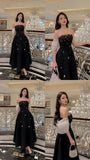 Classy A line Strapless Black Silver Beads Prom Gown Summer Wedding Guest Dress Bridal Guest Dresses Wedding Outfits For Guest HZ1214