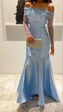 Classy Mermaid Off The Shoulder Blue Beads Prom Gown Summer Wedding Guest Dress Bridal Guest Dresses Wedding Outfits For Guest HZ1214