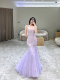 Classy Mermaid Spaghetti Straps Lilac Tulle Long Prom Gown Summer Wedding Guest Dress Bridal Guest Dresses Wedding Outfits For Guest HZ1214