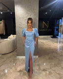 Classy Sheath Square Neck Ruffles Blue Satin Long Prom Gown Summer Wedding Guest Dress Bridal Guest Dresses Wedding Outfits For Guest HZ1214