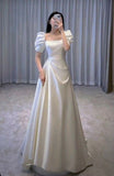 Vintage Wedding Dress A line Square Neck Short Sleeves White Summer Beach Long Wedding Dresses Bridal Gowns HZ1214