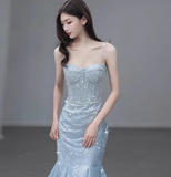 Modest Mermaid Spaghetti Straps Sequins Formal Gown 20th Birthday Dress Prom Dresses Backless 18th Birthday Outfits HZ1214