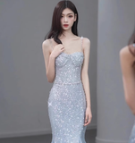 Modest Mermaid Spaghetti Straps Sequins Formal Gown 20th Birthday Dress Prom Dresses Backless 18th Birthday Outfits HZ1214