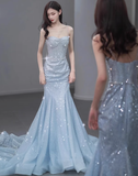 Modest Mermaid Spaghetti Straps Sequins Formal Gown 20th Birthday Dress Prom Dresses Backless 18th Birthday Outfits HZ1214