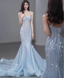 Modest Mermaid Spaghetti Straps Sequins Formal Gown 20th Birthday Dress Prom Dresses Backless 18th Birthday Outfits HZ1214
