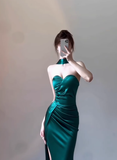 Classy Sheath Sweetheart Slit Satin Ruffles Long Prom Dresses Formal Gown Summer Wedding Guest Dresses Wedding Guest Outfit HZ1214