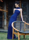 Classy Sheath Strapless Royal Blue Satin Long Prom Dresses Formal Gown Summer Wedding Guest Dresses Wedding Guest Outfit HZ1214