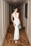Sexy Mermaid High Neck White Satin Formal Prom Gown Summer Wedding Guest Dress Bridal Guest Dresses Wedding Outfits For Guest HZ1214