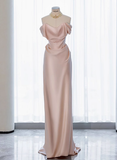 Classy Sheath Off The Shoulder Pink Satin Long Prom Dresses Formal Gown Summer Wedding Guest Dresses Wedding Guest Outfit HZ1214