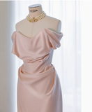 Classy Sheath Off The Shoulder Pink Satin Long Prom Dresses Formal Gown Summer Wedding Guest Dresses Wedding Guest Outfit HZ1214