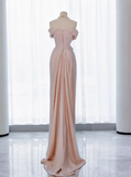 Classy Sheath Off The Shoulder Pink Satin Long Prom Dresses Formal Gown Summer Wedding Guest Dresses Wedding Guest Outfit HZ1214