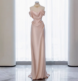Classy Sheath Off The Shoulder Pink Satin Long Prom Dresses Formal Gown Summer Wedding Guest Dresses Wedding Guest Outfit HZ1214