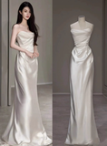 Dreamy Wedding Dress Sheath Strapless White Satin Summer Long Wedding Dresses Bridal Gowns With Cape HZ1214