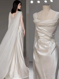 Dreamy Wedding Dress Sheath Strapless White Satin Summer Long Wedding Dresses Bridal Gowns With Cape HZ1214