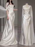Dreamy Wedding Dress Sheath Strapless White Satin Summer Long Wedding Dresses Bridal Gowns With Cape HZ1214