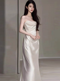 Dreamy Wedding Dress Sheath Strapless White Satin Summer Long Wedding Dresses Bridal Gowns With Cape HZ1214