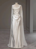 Dreamy Wedding Dress Sheath Strapless White Satin Summer Long Wedding Dresses Bridal Gowns With Cape HZ1214