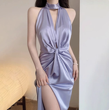 Classy Sheath High Neck Lilac Satin Long Prom Dresses Formal Gown Summer Wedding Guest Dresses Wedding Guest Outfit HZ1214