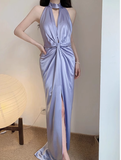 Classy Sheath High Neck Lilac Satin Long Prom Dresses Formal Gown Summer Wedding Guest Dresses Wedding Guest Outfit HZ1214