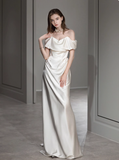 Dreamy Wedding Dress Sheath Off The Shoulder White Satin Summer Long Wedding Dresses Bridal Gowns With Sleeves HZ1214