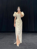 Vintage Wedding Dress Sheath Square Neck Short Sleeves White Summer Beach Long Wedding Dresses Bridal Gowns HZ1214