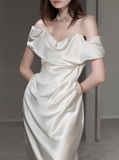 Dreamy Wedding Dress Sheath Off The Shoulder White Satin Summer Long Wedding Dresses Bridal Gowns With Sleeves HZ1214