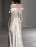 Dreamy Wedding Dress Sheath Off The Shoulder White Satin Summer Long Wedding Dresses Bridal Gowns With Sleeves HZ1214