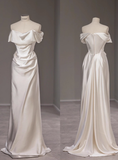 Dreamy Wedding Dress Sheath Off The Shoulder White Satin Summer Long Wedding Dresses Bridal Gowns With Sleeves HZ1214