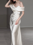 Dreamy Wedding Dress Sheath Off The Shoulder White Satin Summer Long Wedding Dresses Bridal Gowns With Sleeves HZ1214