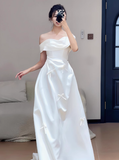 Dreamy Wedding Dress A Line Off The Shoulder White Satin Summer Long Wedding Dresses Bridal Gowns With Sleeves HZ1214