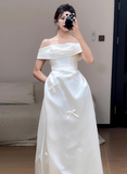 Dreamy Wedding Dress A Line Off The Shoulder White Satin Summer Long Wedding Dresses Bridal Gowns With Sleeves HZ1214