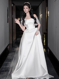 Dreamy Wedding Dress A Line Off The Shoulder White Satin Summer Long Wedding Dresses Bridal Gowns With Sleeves HZ1214