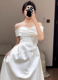 Dreamy Wedding Dress A Line Off The Shoulder White Satin Summer Long Wedding Dresses Bridal Gowns With Sleeves HZ1214