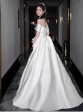 Dreamy Wedding Dress A Line Off The Shoulder White Satin Summer Long Wedding Dresses Bridal Gowns With Sleeves HZ1214