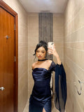 Modest A line Strapless Navy Blue Chiffon Formal Prom Gown Summer Wedding Guest Dress Bridal Guest Dresses Wedding Outfits For Guest HZ1214