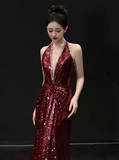 Modest Mermaid V Neck Burgundy Sequins Formal Gown 20th Birthday Dress Prom Dresses Backless 18th Birthday Outfits HZ1214