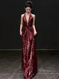 Modest Mermaid V Neck Burgundy Sequins Formal Gown 20th Birthday Dress Prom Dresses Backless 18th Birthday Outfits HZ1214