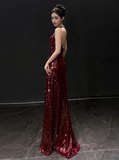 Modest Mermaid V Neck Burgundy Sequins Formal Gown 20th Birthday Dress Prom Dresses Backless 18th Birthday Outfits HZ1214