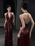 Modest Mermaid V Neck Burgundy Sequins Formal Gown 20th Birthday Dress Prom Dresses Backless 18th Birthday Outfits HZ1214
