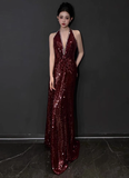 Modest Mermaid V Neck Burgundy Sequins Formal Gown 20th Birthday Dress Prom Dresses Backless 18th Birthday Outfits HZ1214